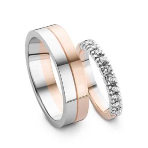Trouwen in 2021 - ringen rosé en witgoud een pavé zetting met 11 diamanten - Circles TRouwringen Zwijndrecht